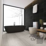 3d rendering luxury bathroom near window with bathtub